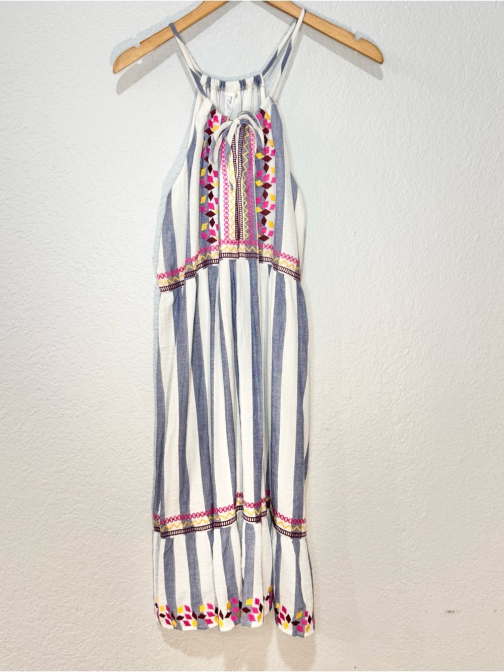 Striped Midi Dress with Pink Yellow and Mauve Embroidered Accents